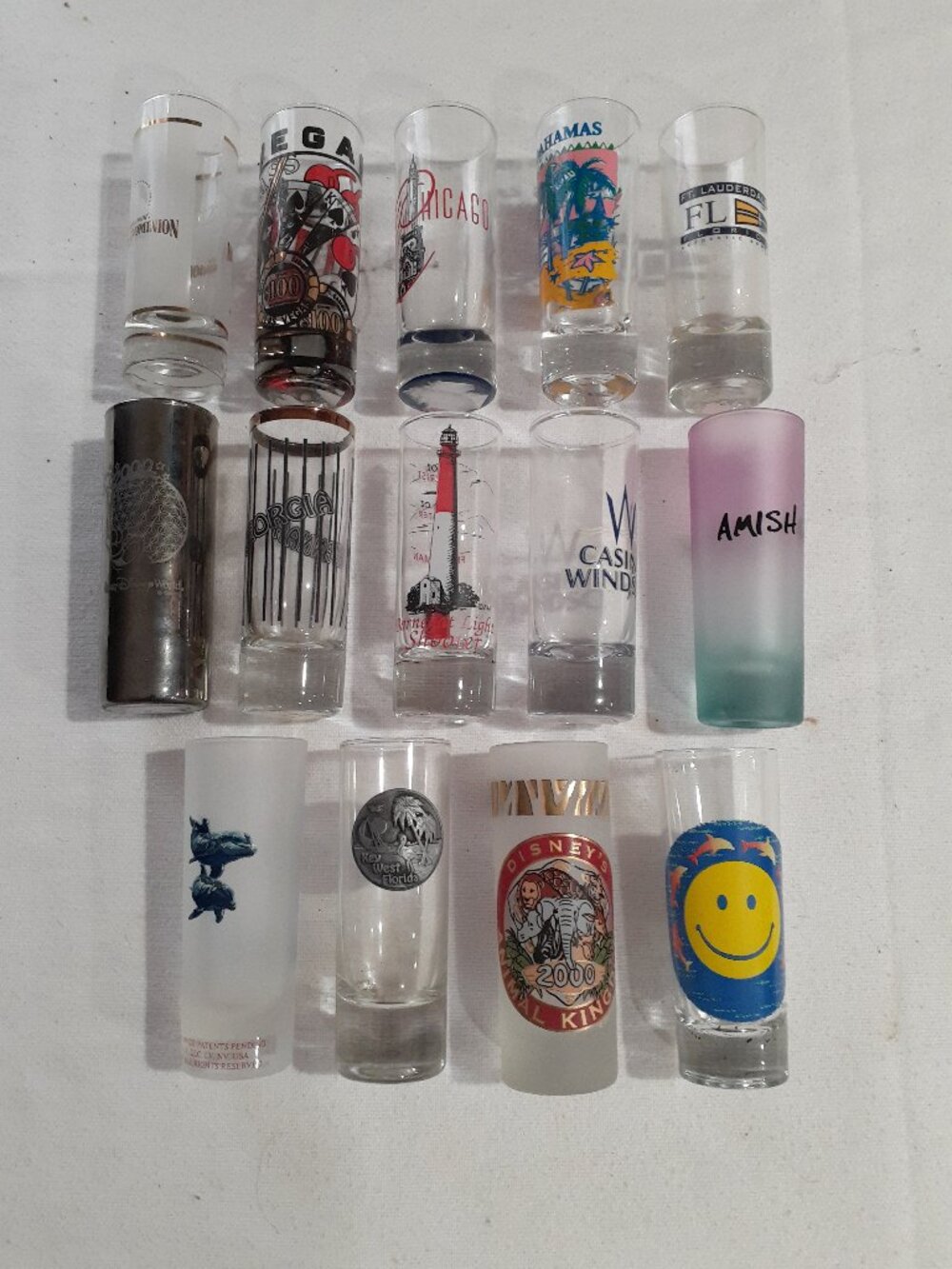 Shot glasses 4’ inch tall (14) : Disney, Key West, Florida, Vegas